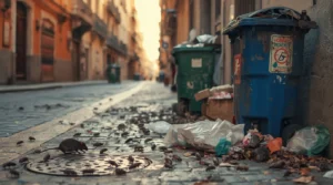 Calle urbana en España durante el calor del verano con presencia de plagas como cucarachas y ratas