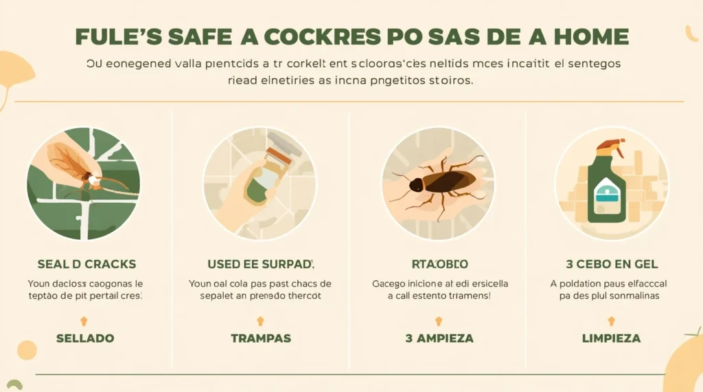 Infografía con pasos seguros y eficaces para eliminar cucarachas en casa: sellado, trampas, cebos y limpieza