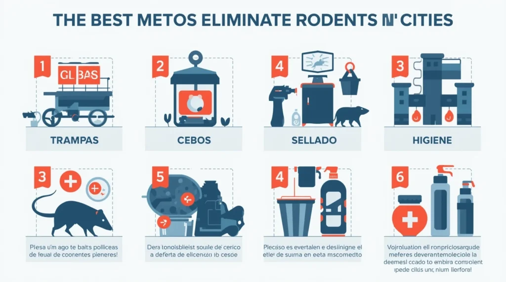 Infografía con métodos eficaces para eliminar roedores en áreas urbanas: trampas, cebos, sellado e higiene.