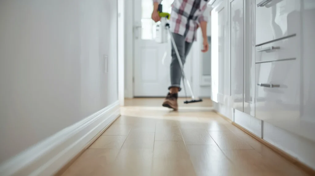 Técnico aplicando tratamiento seguro contra cucarachas en la cocina de una casa limpia