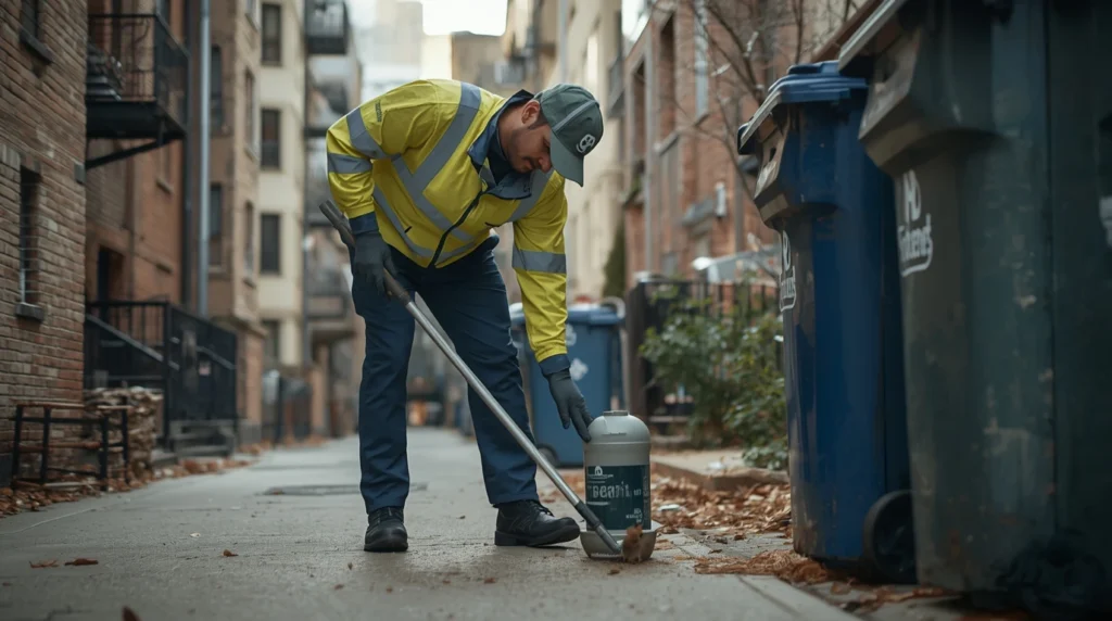 Técnico colocando estación de cebo para ratas en una zona urbana con contenedores de basura