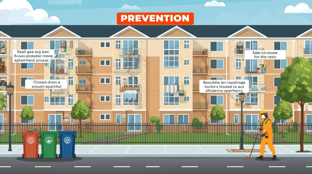 Edificio residencial en ciudad con medidas de prevención y control de roedores en zonas comunes.