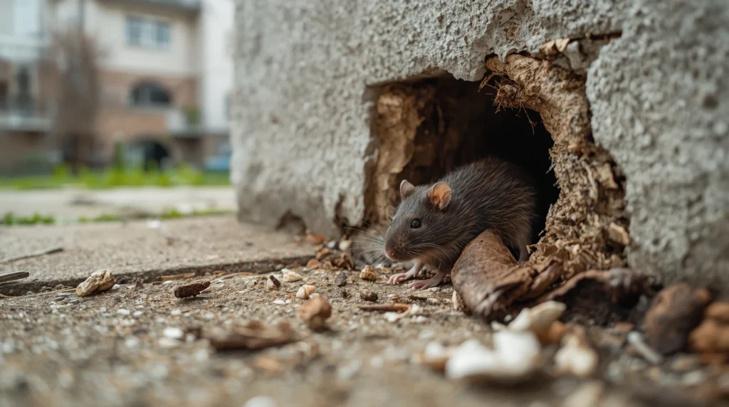 Rata cerca de un agujero en la pared de un edificio, señal de un posible nido en comunidad de vecinos